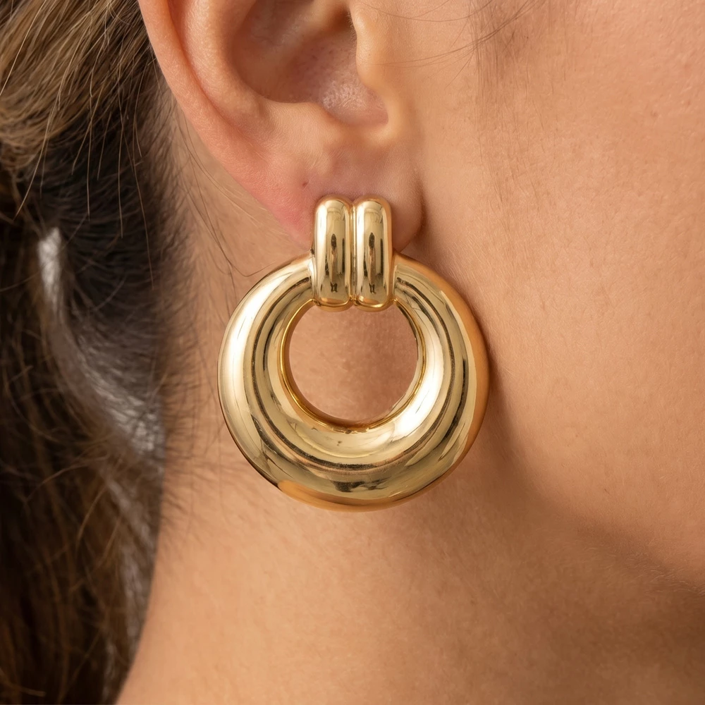 Gold Dipped Chunky Tubular Doorknocker Drop Earrings