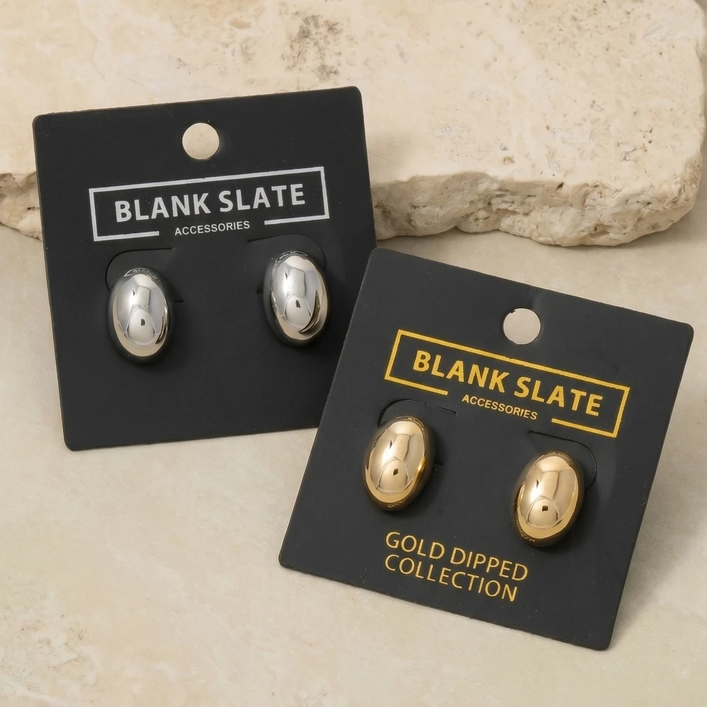 Gold Dipped Smooth Oval Pebble Dome Stud Earrings