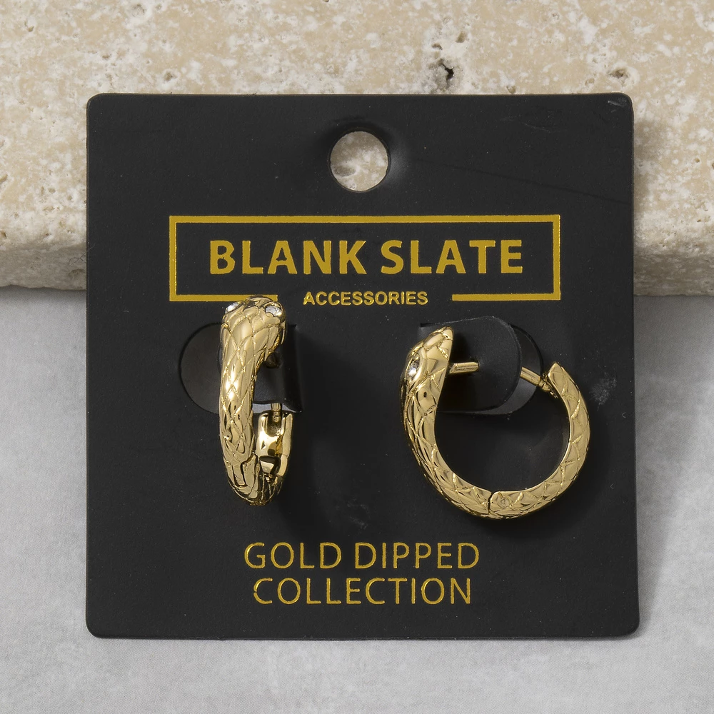 Gold Dipped Snake Scale Textured Huggie Hoop Earrings