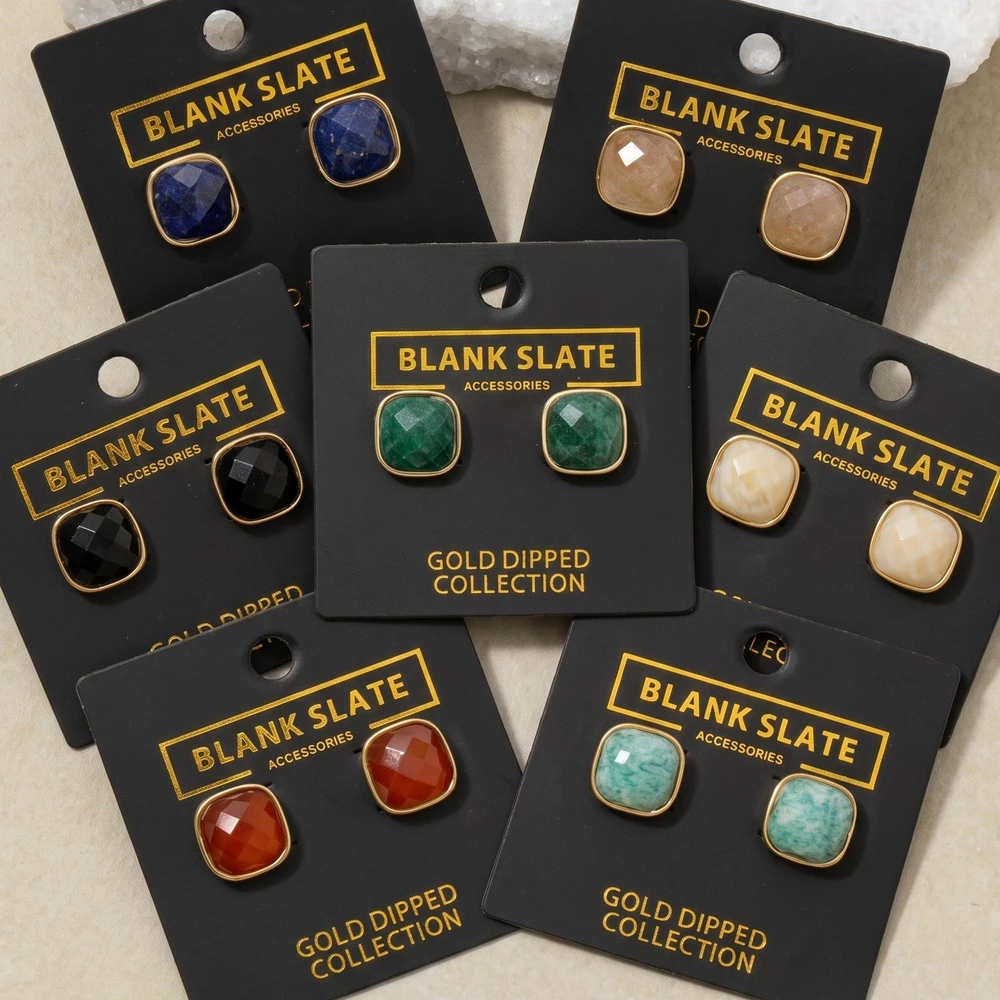 Gold Dipped Cushion Stone Stud Earrings