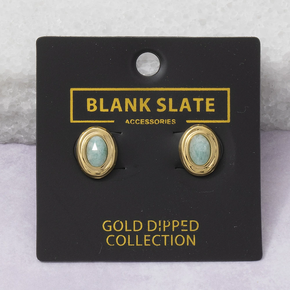 Gold Dipped Amazonite Oval Bezel Stud Earrings