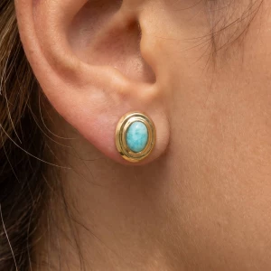 Gold Dipped Amazonite Oval Bezel Stud Earrings