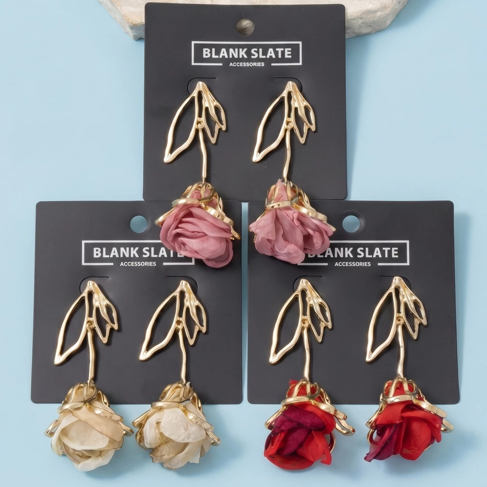 Open Leaf Fabric Rose Drop Earrings