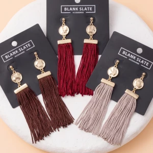 Hammered Coin Top Thread Tassel Drop Earrings