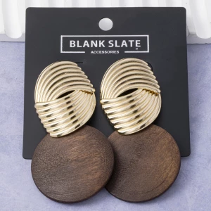 Ribbed Swirl Wood Disc Drop Earrings