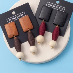 Wood Rectangle And Barrel Bead Statement Earrings