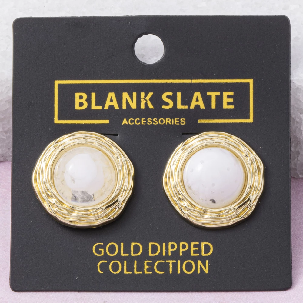 Gold Dipped Round Stone Cabochon Earrings