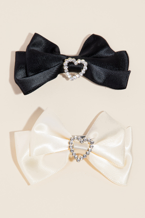 2Pc Rhinestone Heart Satin Bowtie Hair Clips