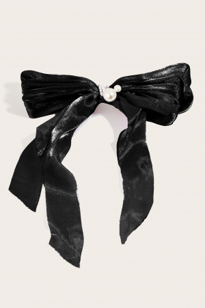 Black Pearl Bead Ribbon Bow Hair Clip