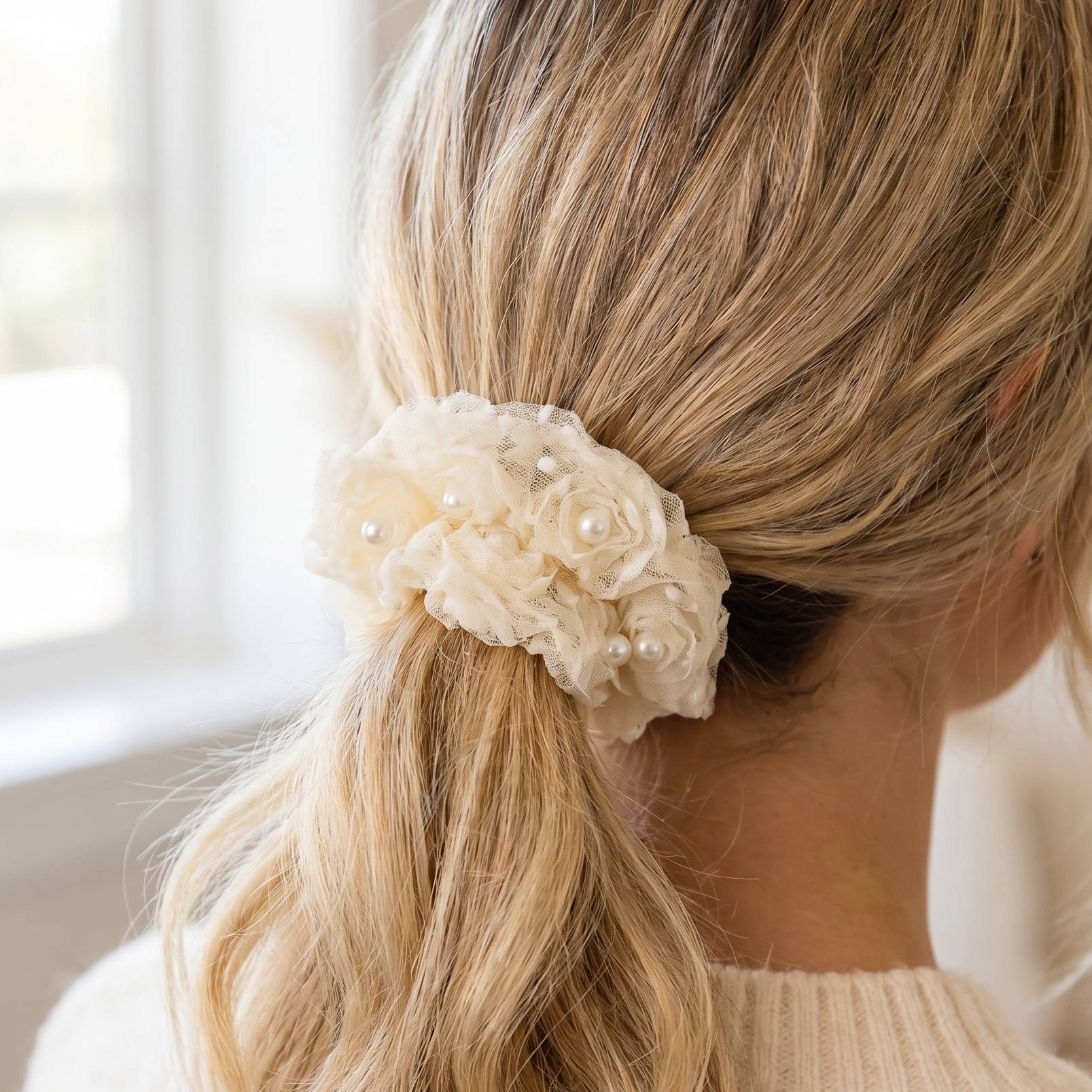 Three Piece Pearl Studded Scrunchie Set
