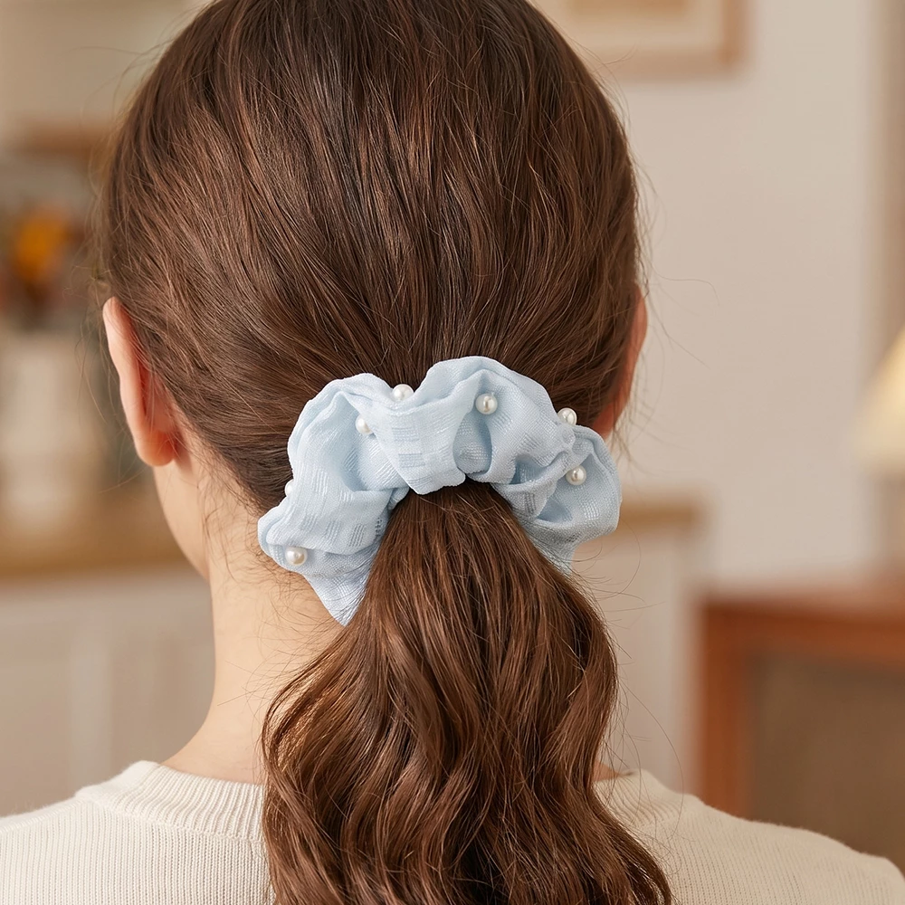 Two Piece Pearl Studded Textured Scrunchie Set