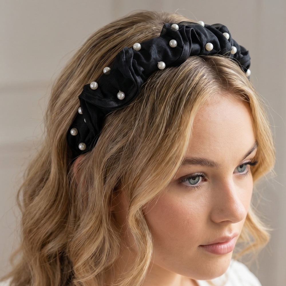 Shimmer Ruffle Pearl Stud Wide Headband