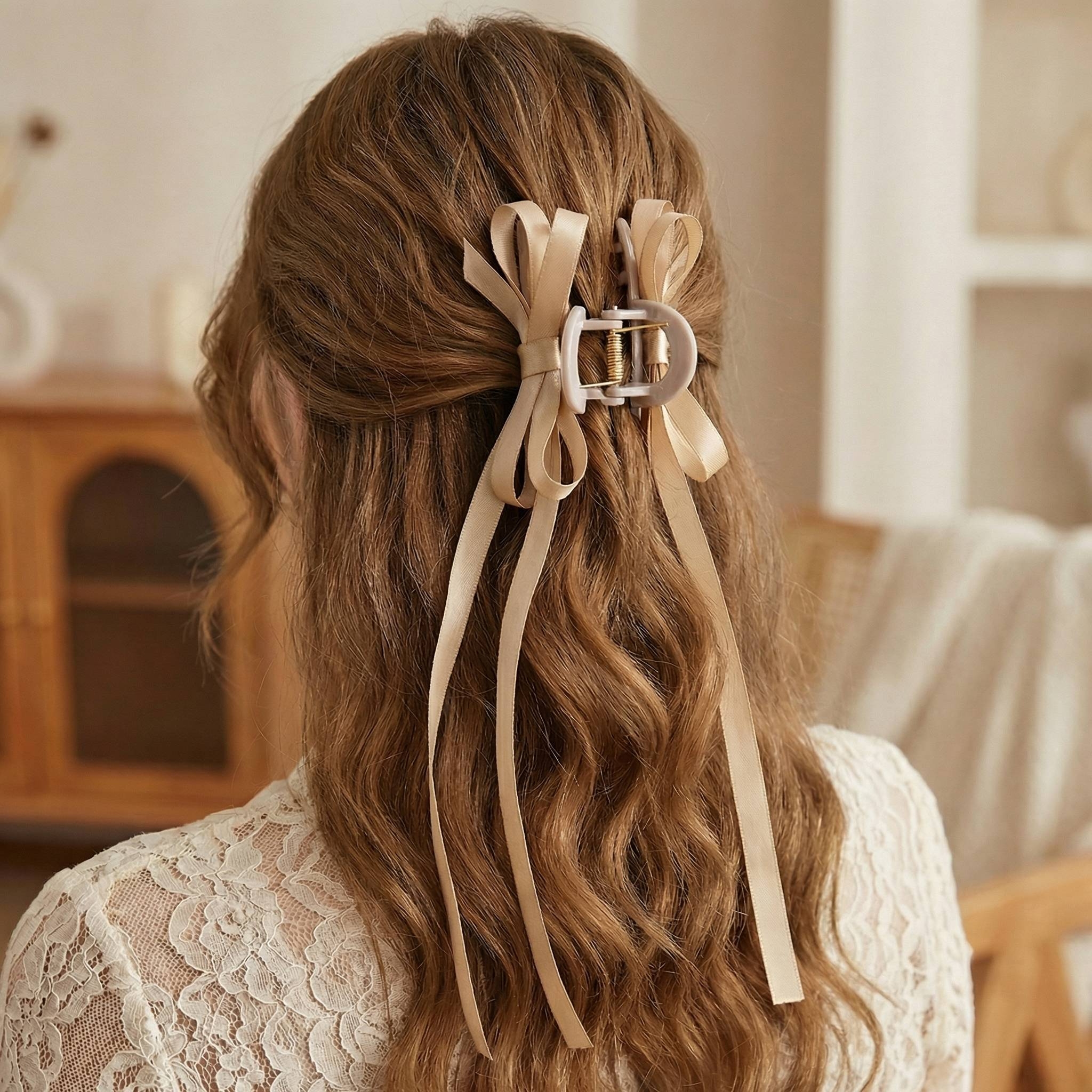 3Pc Long Ribbon Bow Hair Claw Set