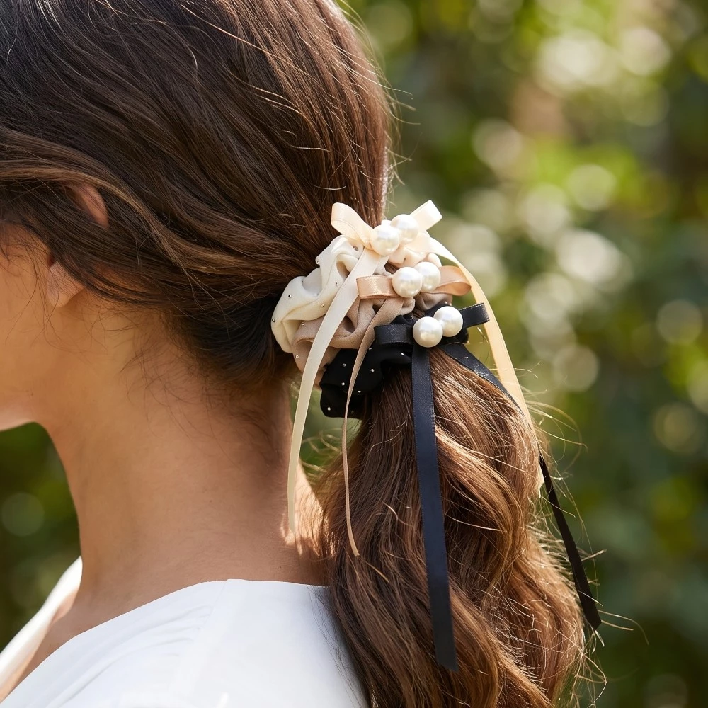Three Piece Pearl Tail Hair Scrunchie Set