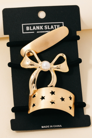 Pearl Stud Ribbon Bow Bar And Stars Hair Tie Set