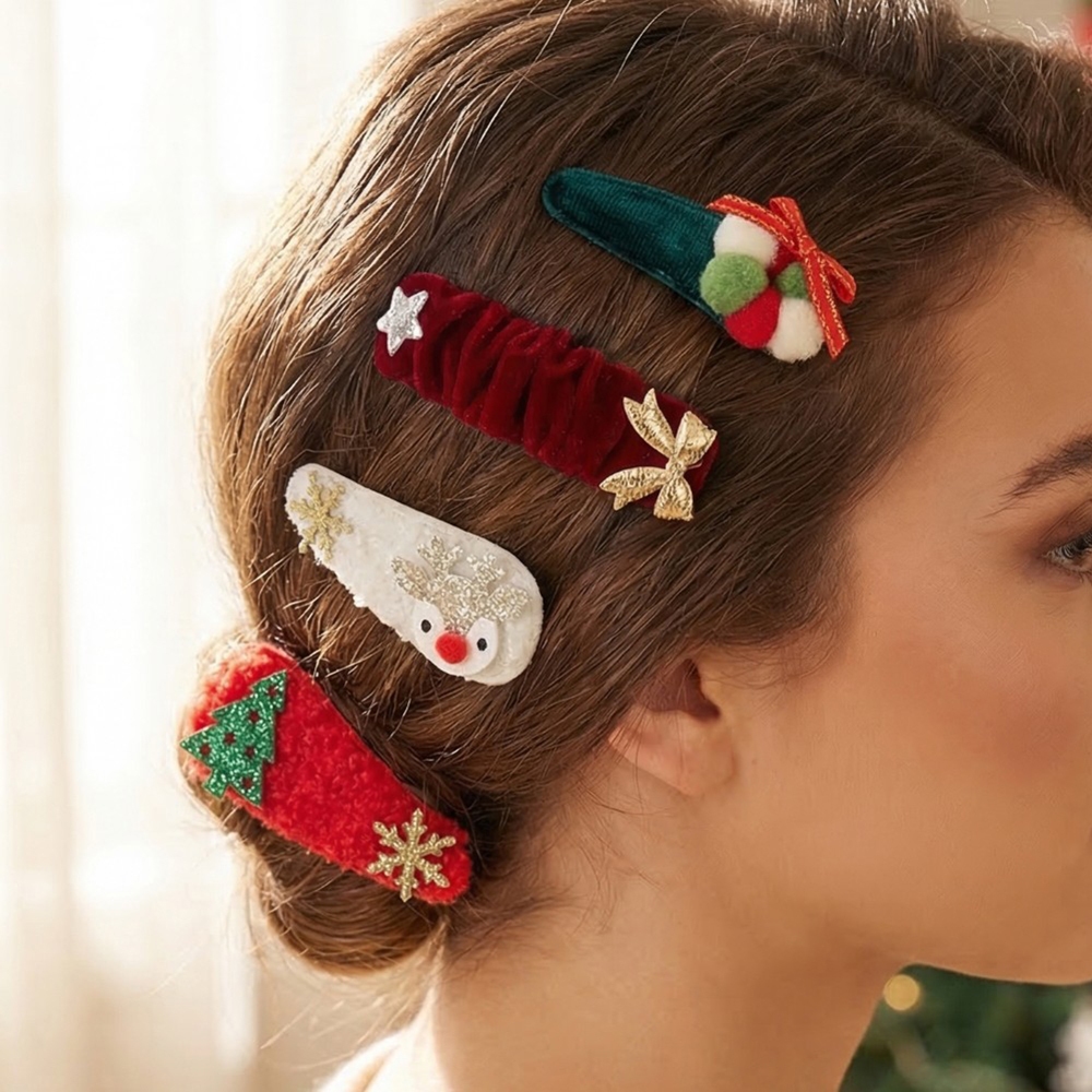 Assorted 6Pc Fabric Festive Christmas Hair Clip Set