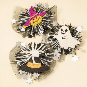 Mixed Mesh Pompom 3Pc Halloween Hair Clip Set