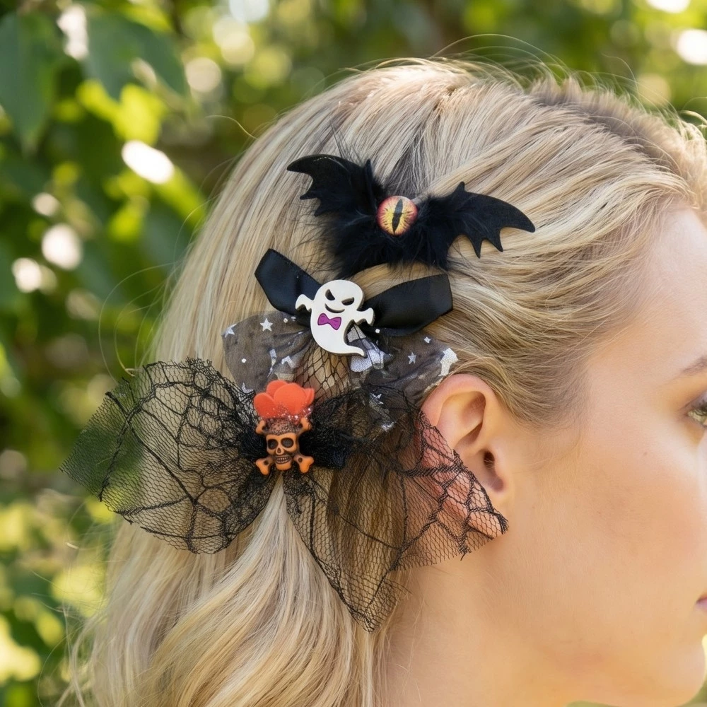 3Pc Assorted Halloween Ribbon Bow Hair Clips