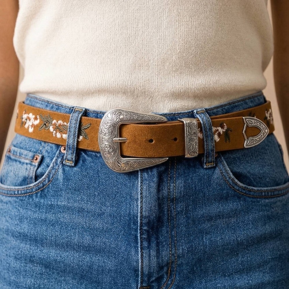 Flower Embroidered Etch Buckle Belt