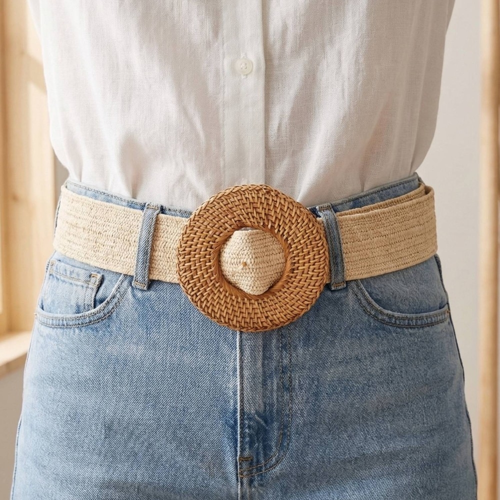 Straw Braided Round Straw Buckle Faux Leather Belt