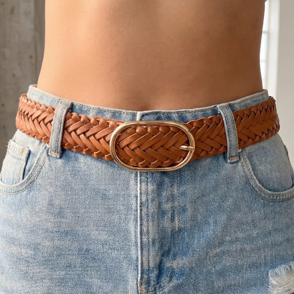 Braided Oval Buckle Vegan Leather Belt