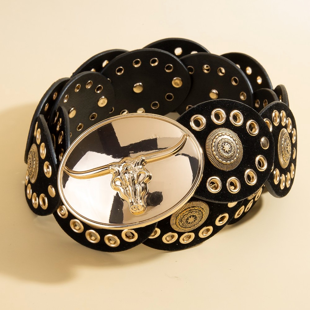 Bull Head Oval Buckle Faux Leather Disc Belt