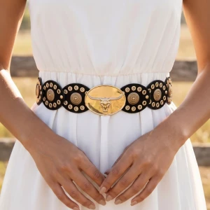 Bull Head Oval Buckle Faux Leather Disc Belt