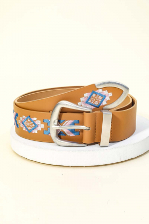 Embroidered Pattern Vegan Leather Belt