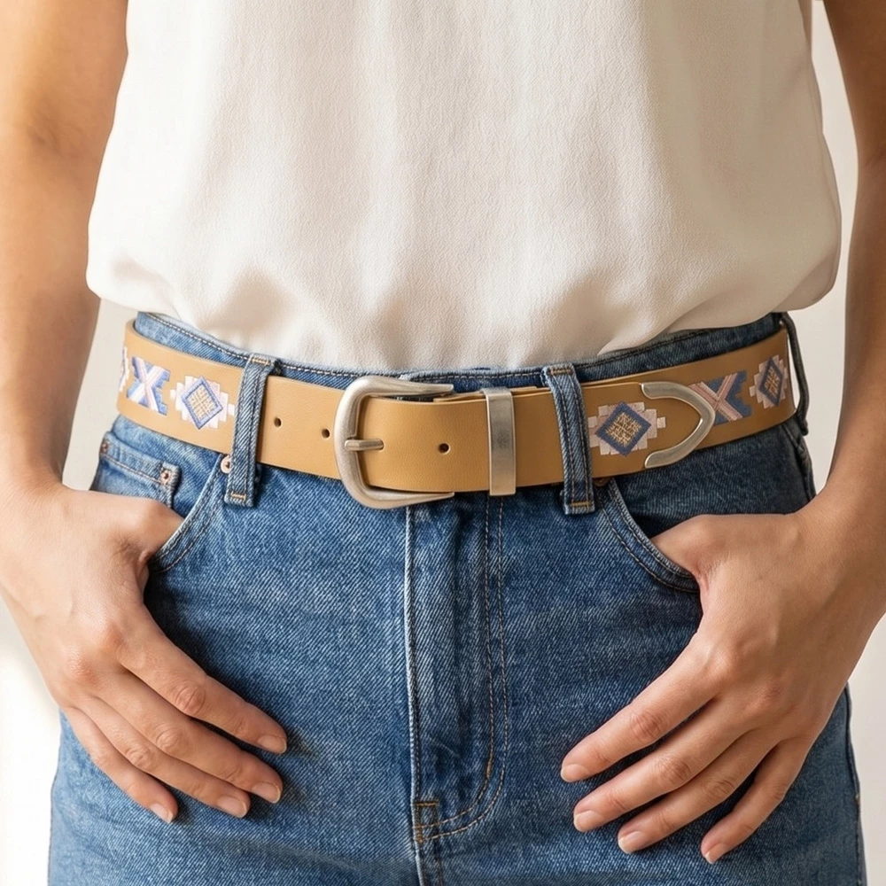 Embroidered Pattern Vegan Leather Belt