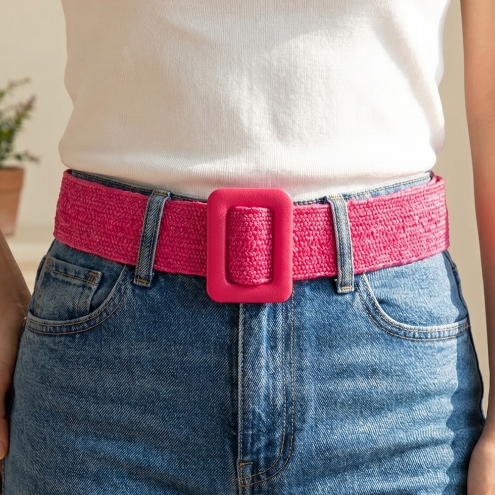 Wide Woven Straw Belt With Square Buckle