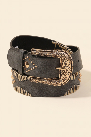 Western Floral Etched Buckle Vegan Leather Belt