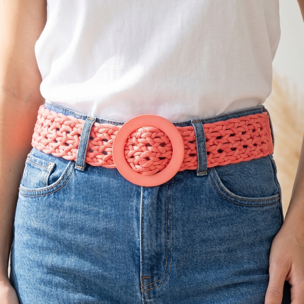 Open Weave Braided Rope Belt With Ring Buckle