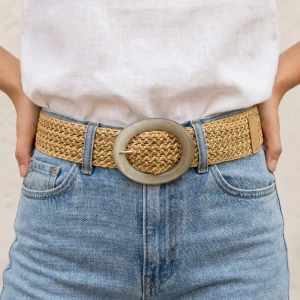 Wide Woven Straw Round Resin Buckle Belt