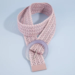 Wide Woven Straw Round Resin Buckle Belt