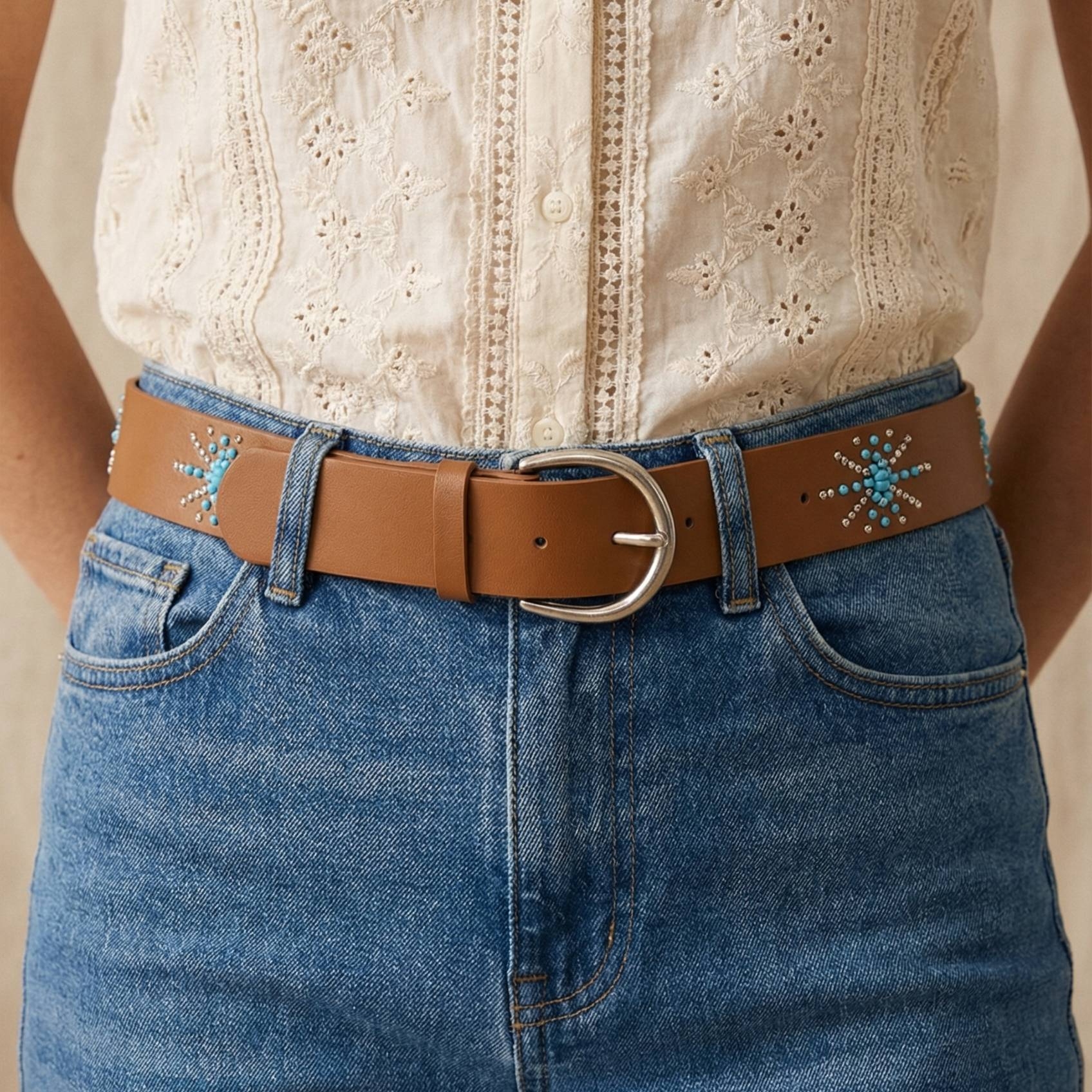 Western Faux Leather Turquoise Star Burst Belt