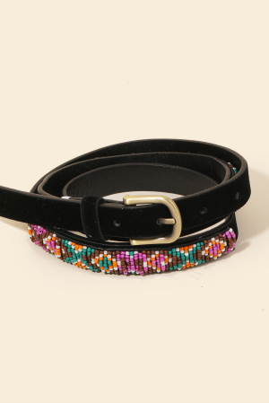 Embroidered Beaded Pattern Vegan Leather Belt