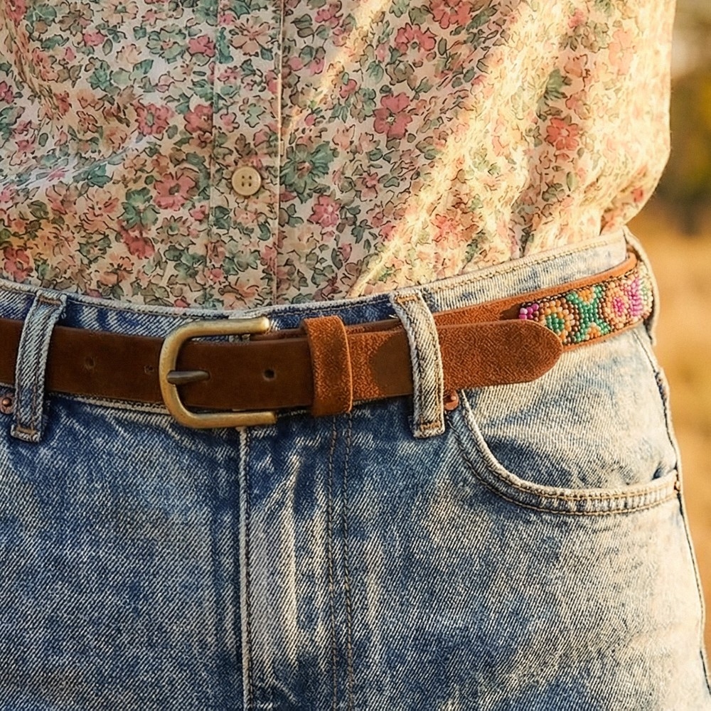 Embroidered Beaded Pattern Vegan Leather Belt