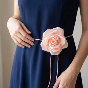 Satin Rose Flower Lariat Wrap Waist Belt