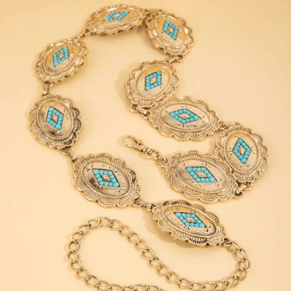 Plus Size Floral Oval Concho Disc Chain Belt