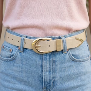 Croco Embossed Vegan Leather Belt With Gold Buckle