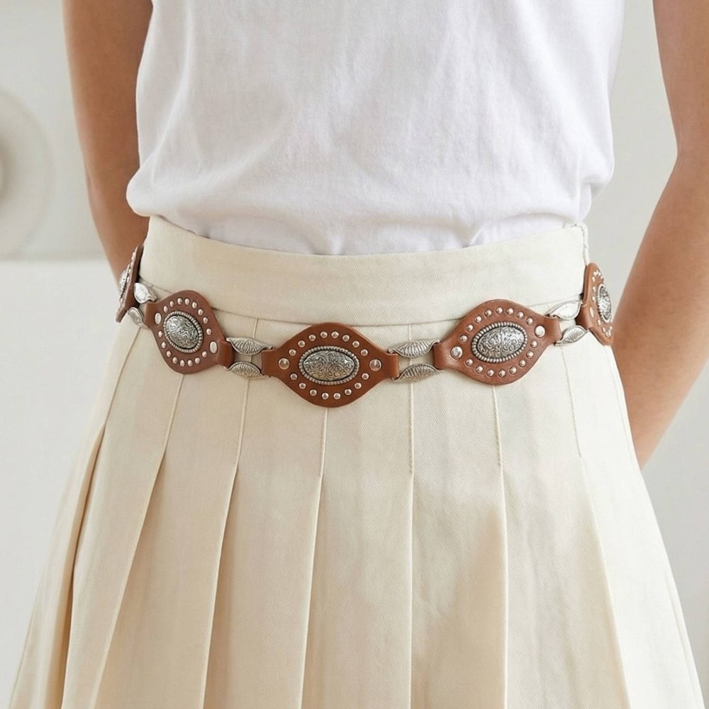 Faux Leather Oval And Concho Chain Belt