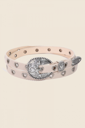 Embroidered Heart Studded Buckle Vegan Leather Belt