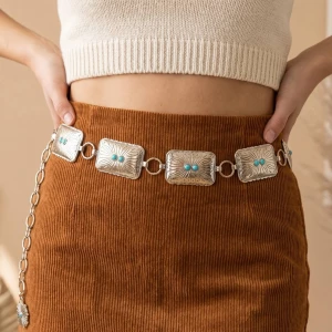 Double Turquoise Stud Concho Chain Belt