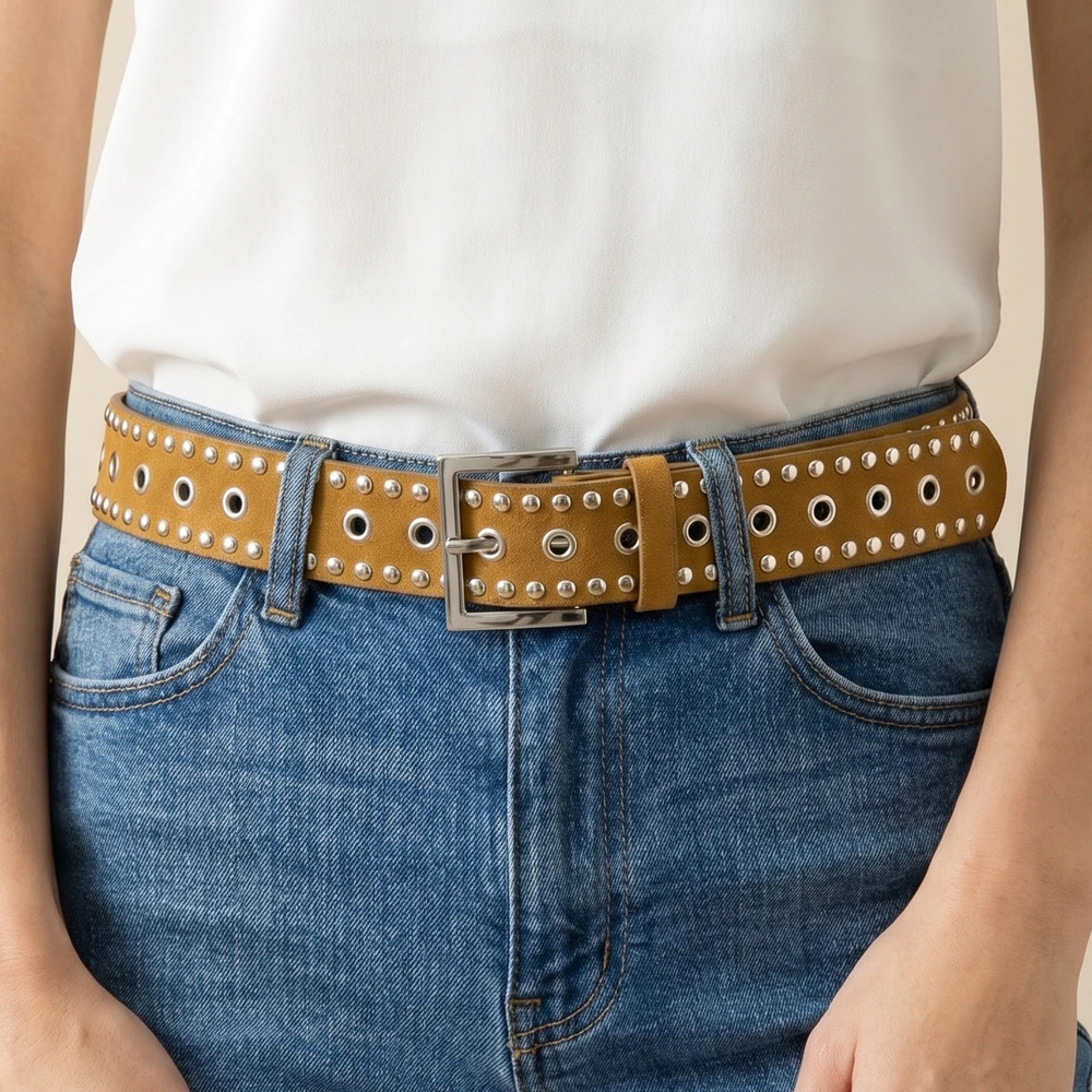Suede Studded Grommet Square Buckle Belt