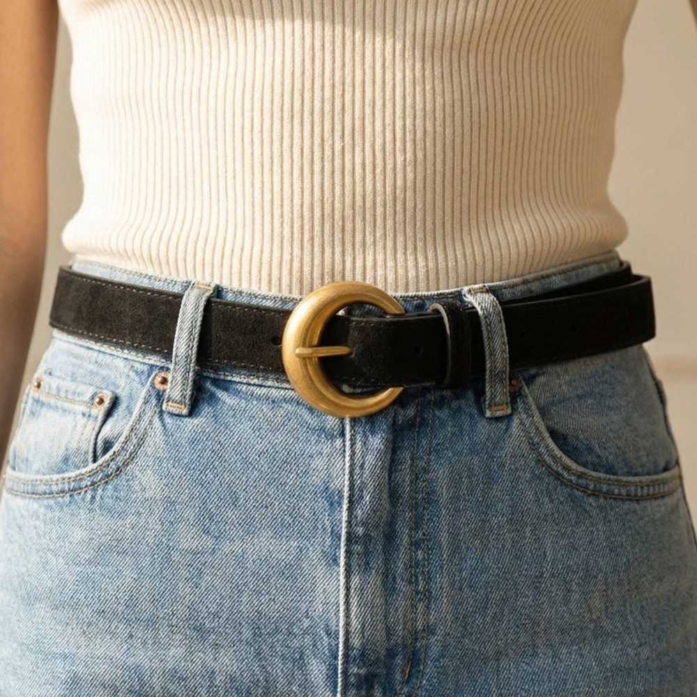 Round Buckle Rough Leather Belt