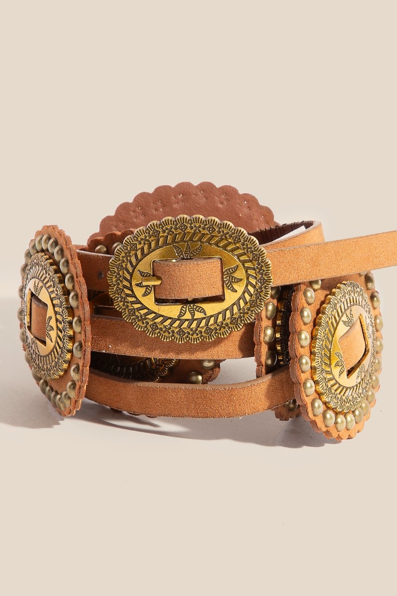 Intricate Faux Leather Western Concho Belt