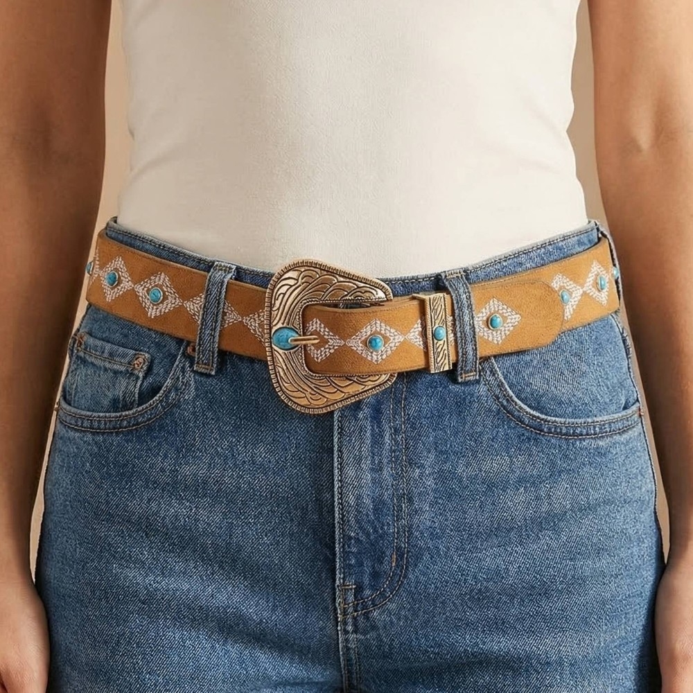 Turquoise Studs Concho Buckle Vegan Leather Belt