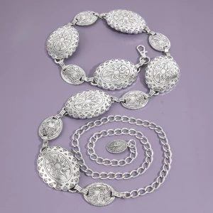 Ornate Concho Chain Belt With Etched Sun Motif