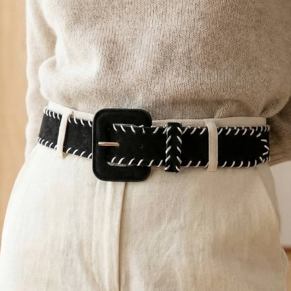 Faux Leather Edge Stitch Trim Belt