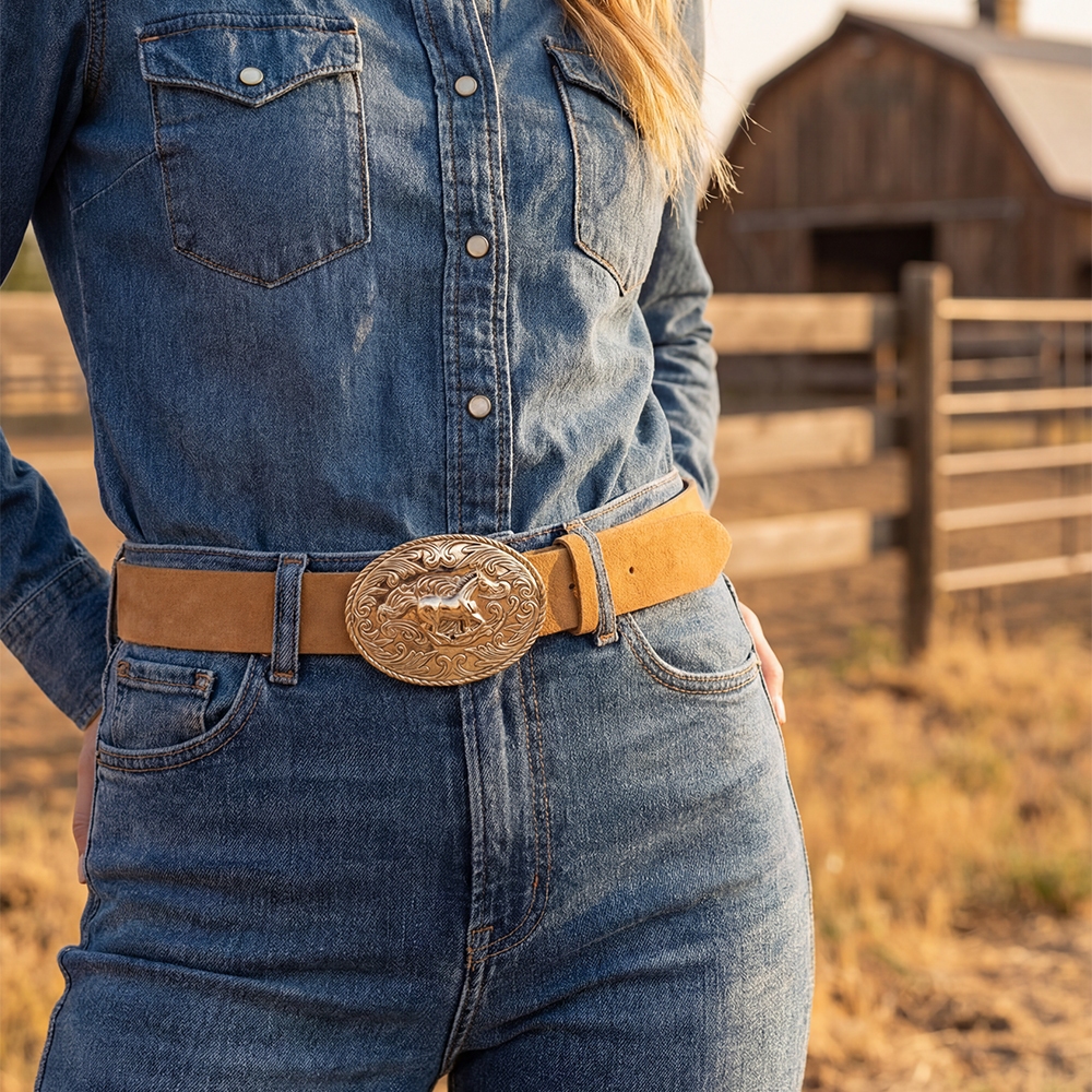 Suede Large Western Horse Medallion Buckle Belt